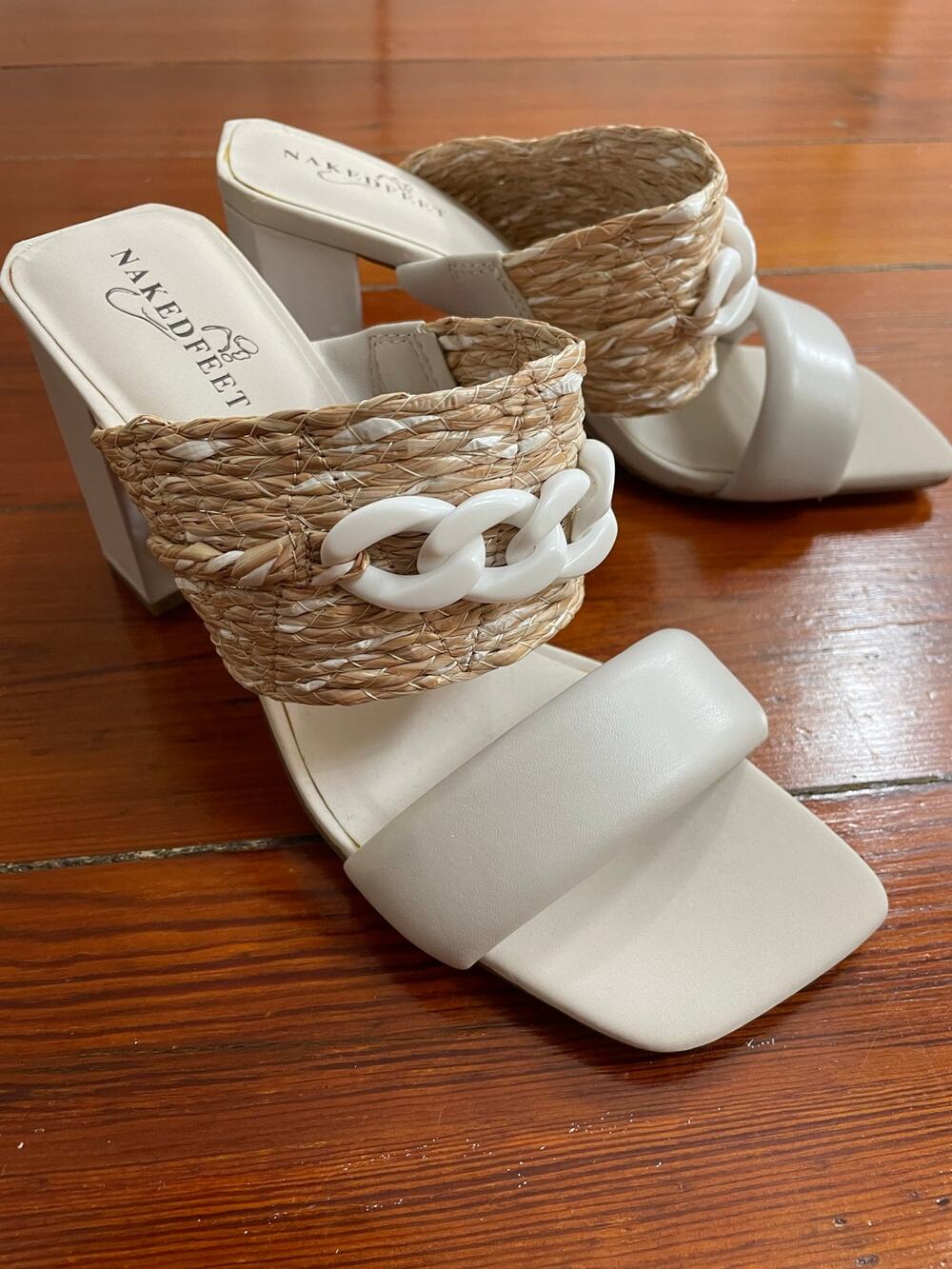 Naked Feet Propriety Raffia Chain Block Heel Sandals Womens 7.5 Ivory
